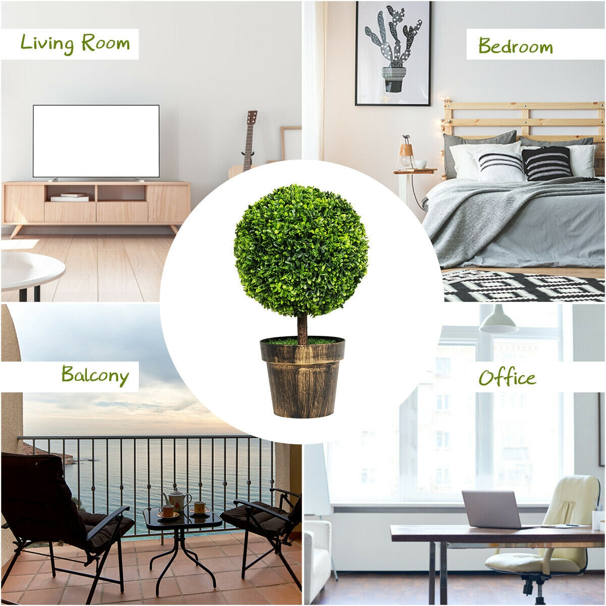 Artificial Boxwood Topiary Ball Tree with Moss - 24 Inch Faux Plant for Indoor & Outdoor Decor - Set of 2