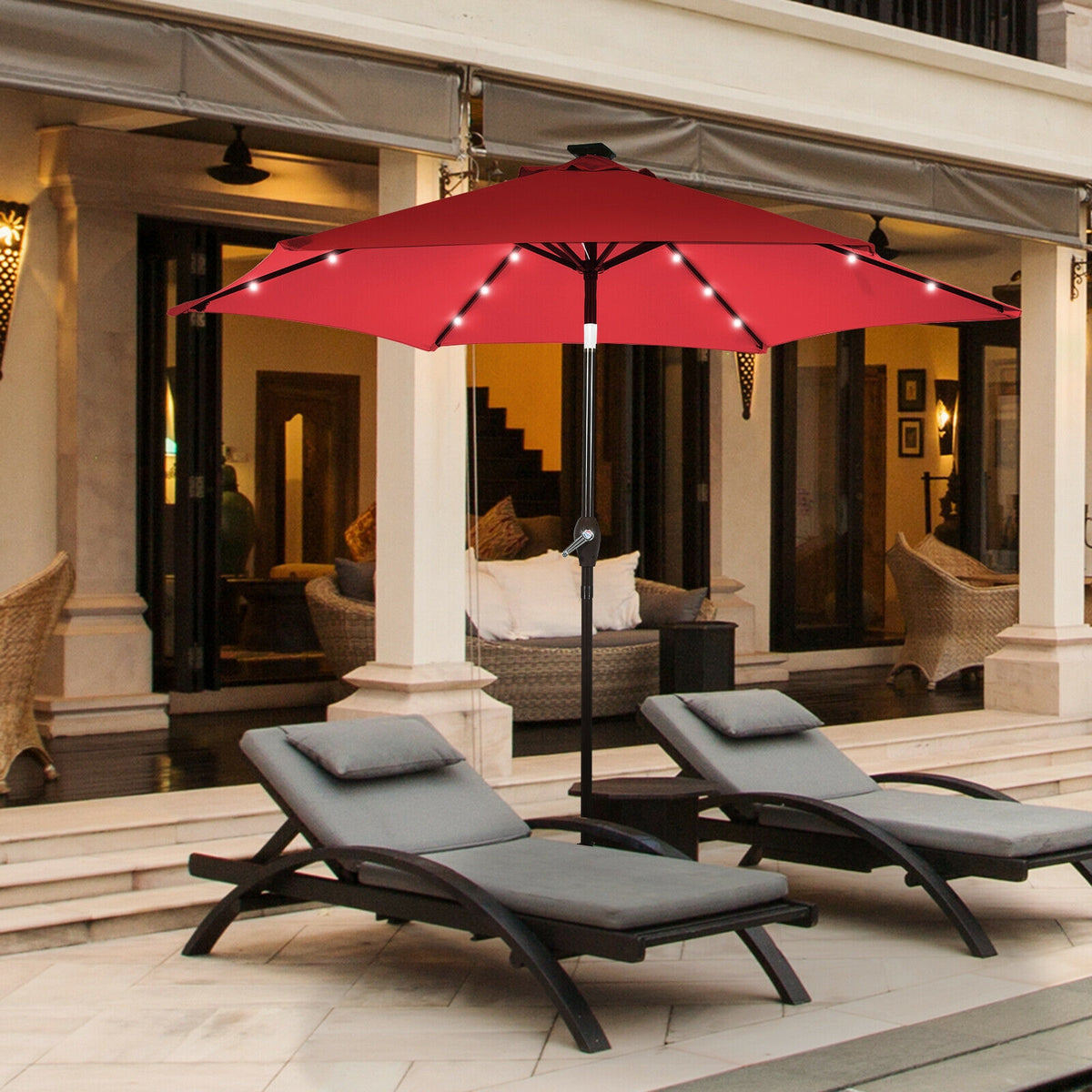 9 Feet Solar LED Lighted Patio Market Umbrella with Tilt Adjustment