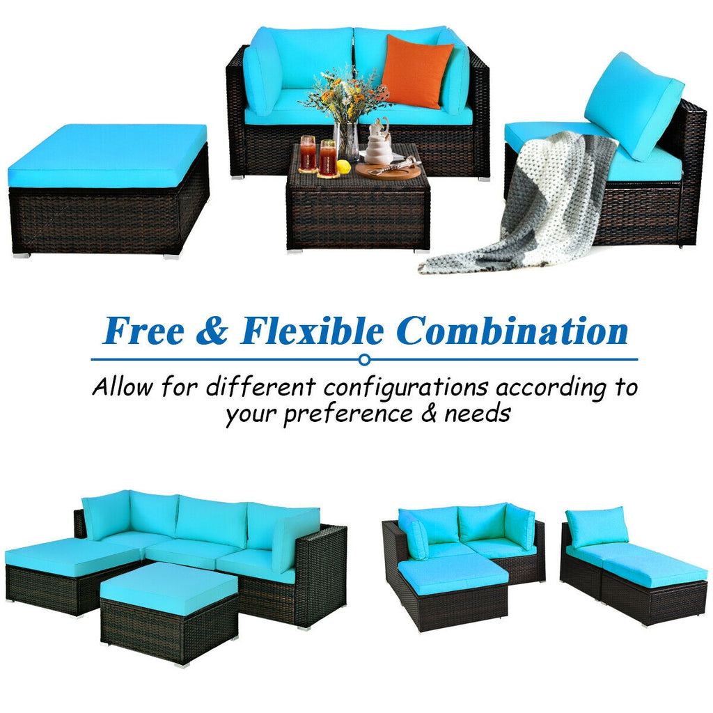 5-Piece Patio Sectional Sofa Set with Ottoman & Cushions - Blue