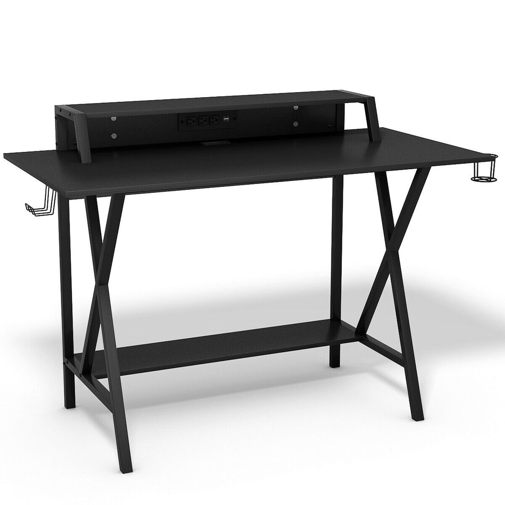 Gaming Desk with Monitor Shelf, Cup & Headphone Holder