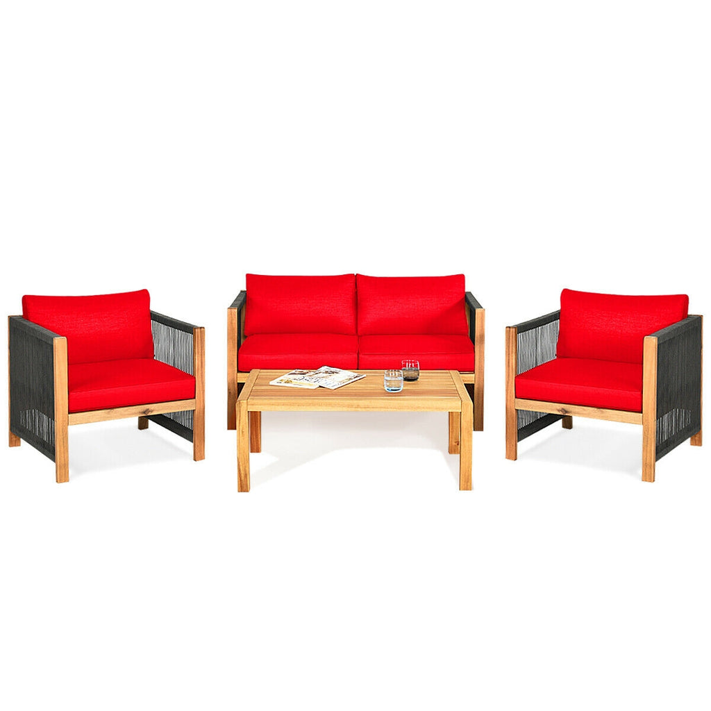 Acacia Wood Outdoor Sofa Set with Cushions - Red