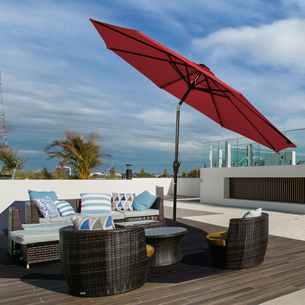 10 FT Patio Umbrella with Solar LED Lights - Dark Red