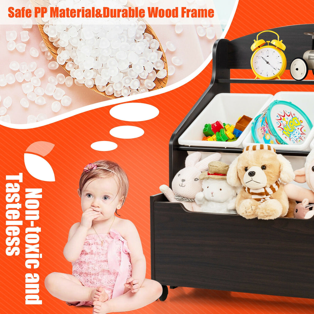 Kids Toy Storage Organizer with Rolling Toy Box and Plastic Bins - Dark Brown