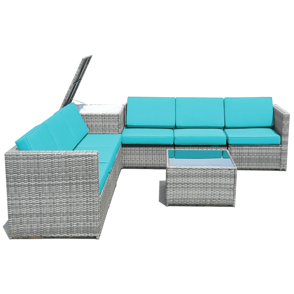 8-Piece Rattan Sofa Set with Storage Table - Gray & Turquoise