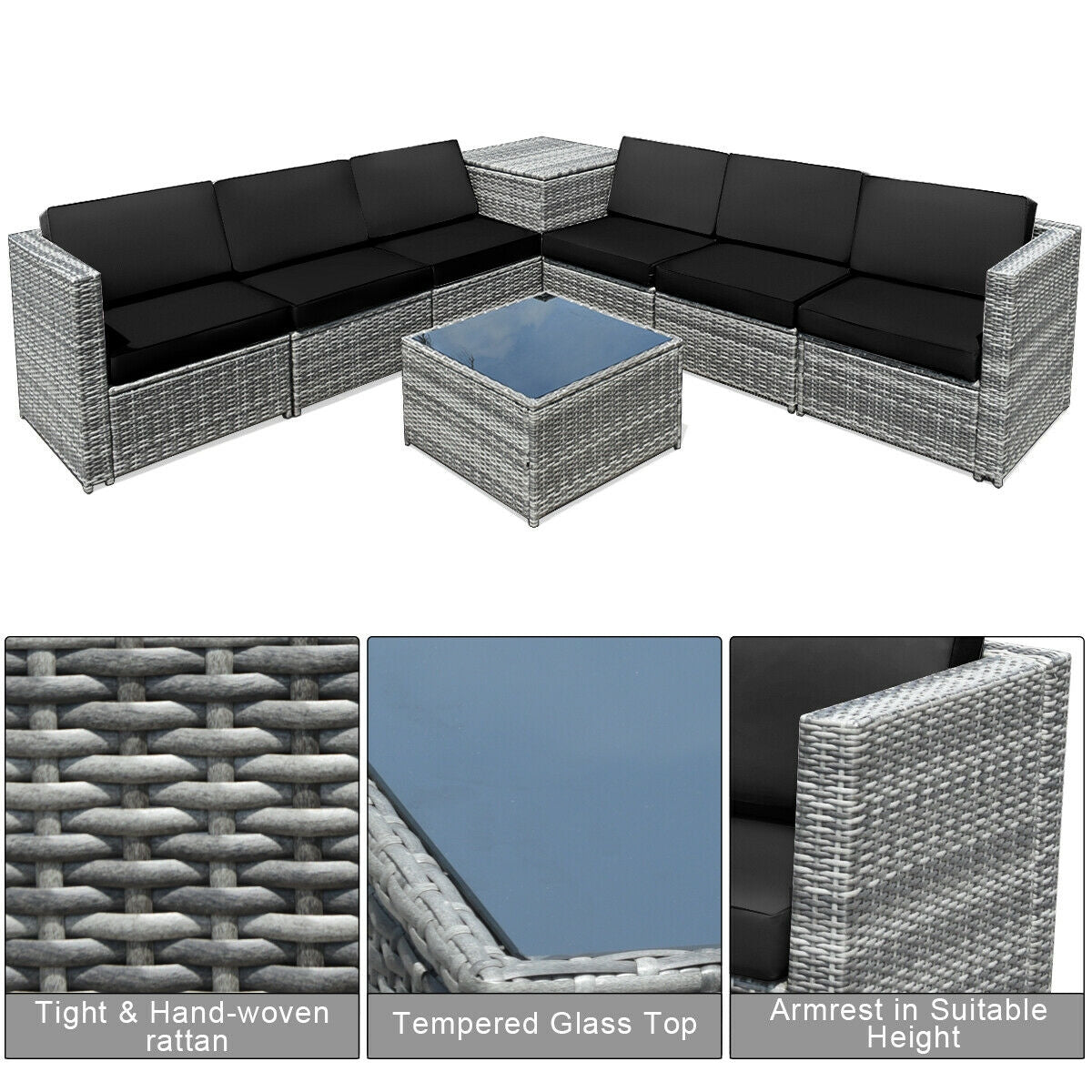 8-Piece Rattan Sofa Set with Storage Table - Gray Rattan, Black