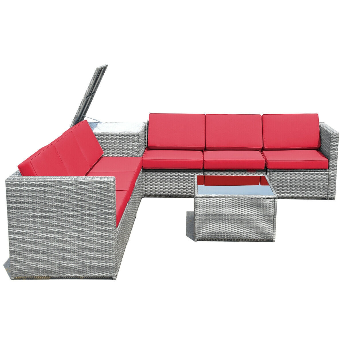 8-Piece Rattan Sofa Dining Set with Storage Table - Gray Red