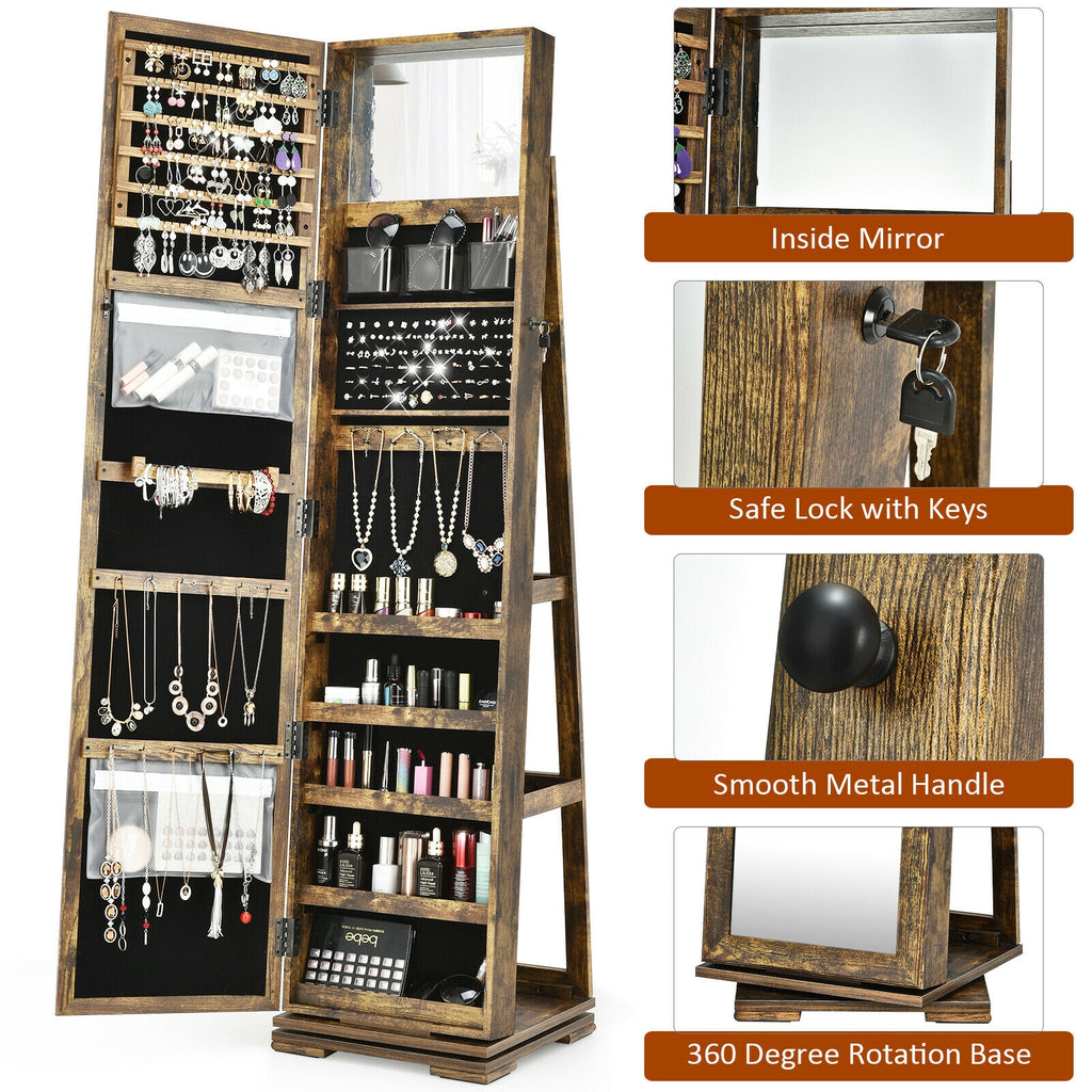 360° Rotating Jewelry Cabinet with Mirror, Rustic Brown - 3 Shelves