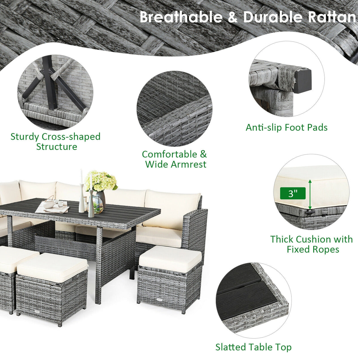 7-Piece Outdoor Wicker Sectional Sofa Set with Dining Table - Beige