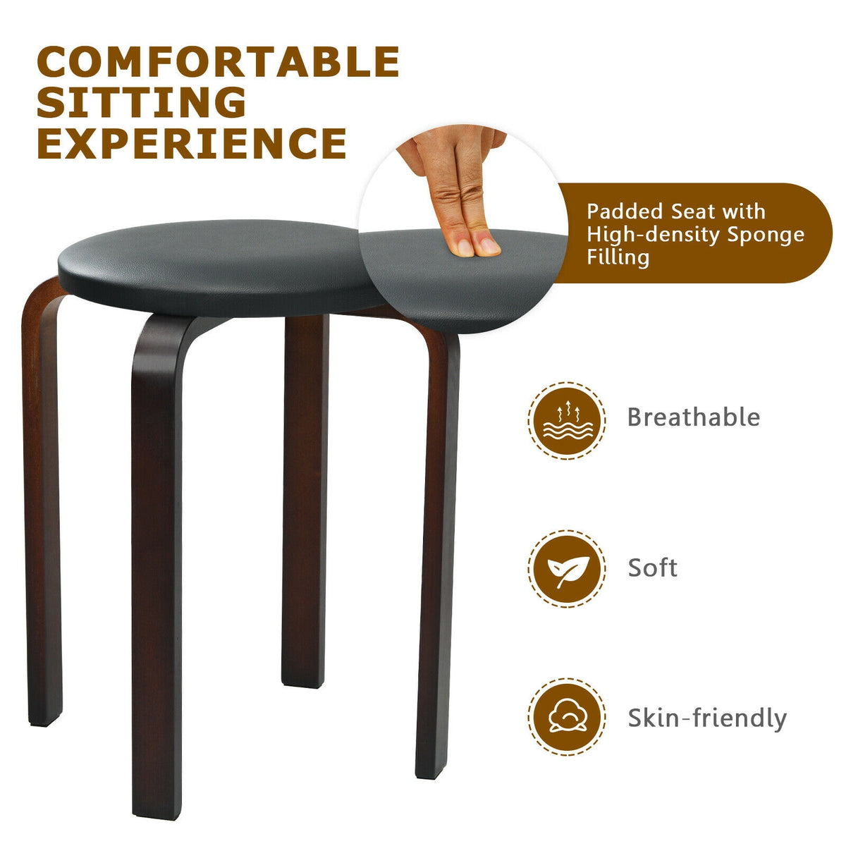 Bentwood Stack Stools with PU Leather Seat, Black – 4-Pack