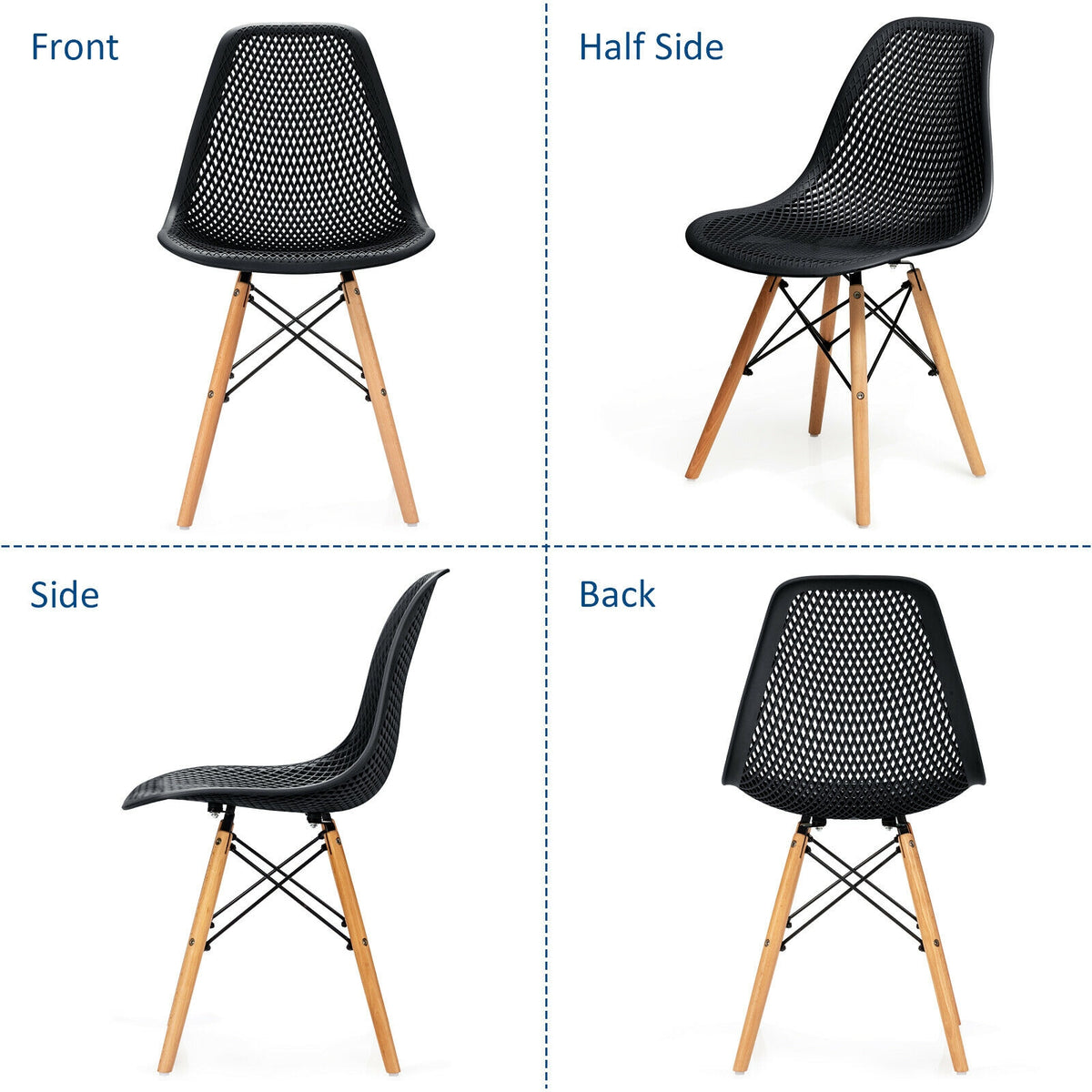 Modern Plastic Hollow Chair Set with Wood Legs - Black (4 Pack)