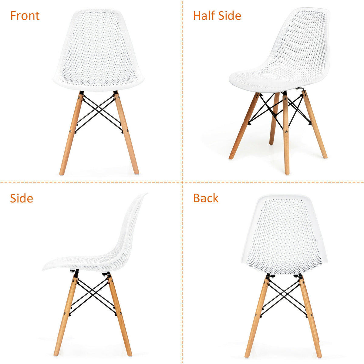 Modern Plastic Hollow Chair Set 4-Pack with Wood Legs - White