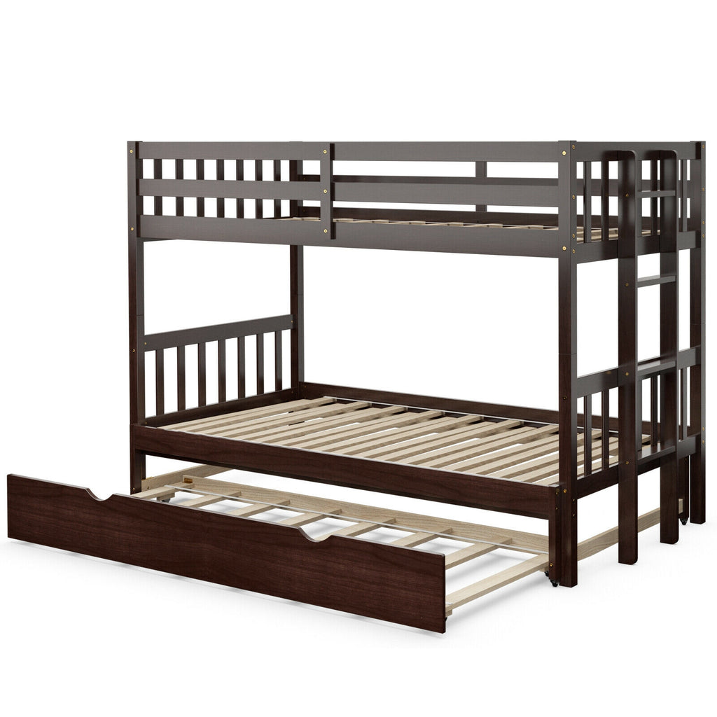Twin Bunk Bed with Trundle & Wooden Ladder - Dark Brown