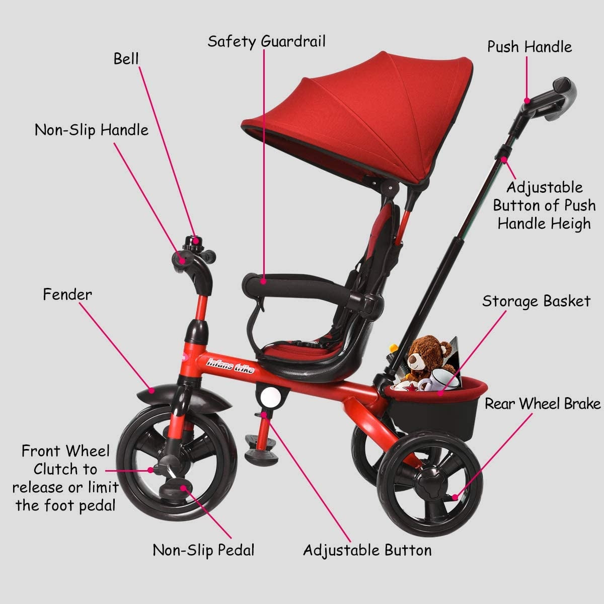 Kids Tricycle with Adjustable Push Handle - Red Safety & Comfort Features