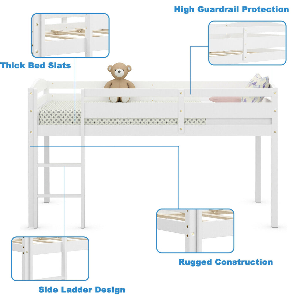 Twin Loft Bed with Guardrail and Ladder, White