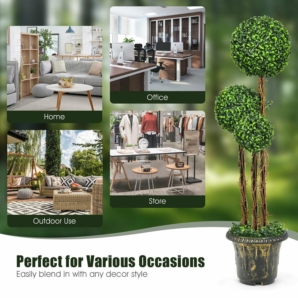 4 Feet Artificial UV-Resistant Topiary Triple Ball Tree Plant - Costway