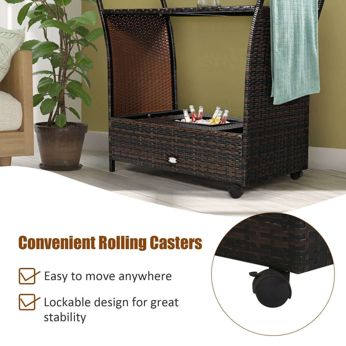Patio Rattan Bar Serving Cart with Glass Top and Handle