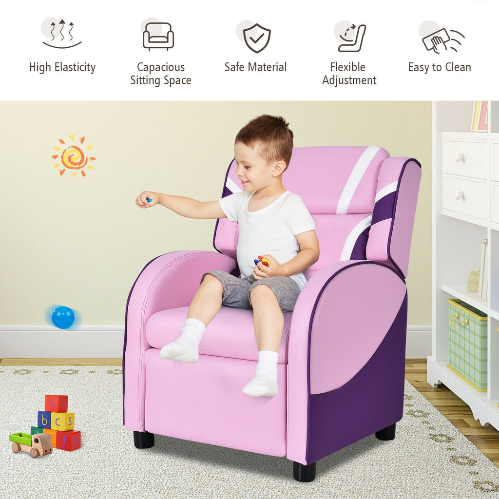 Kids Leather Recliner Chair with Side Pockets - Pink, Style B, Adjustable