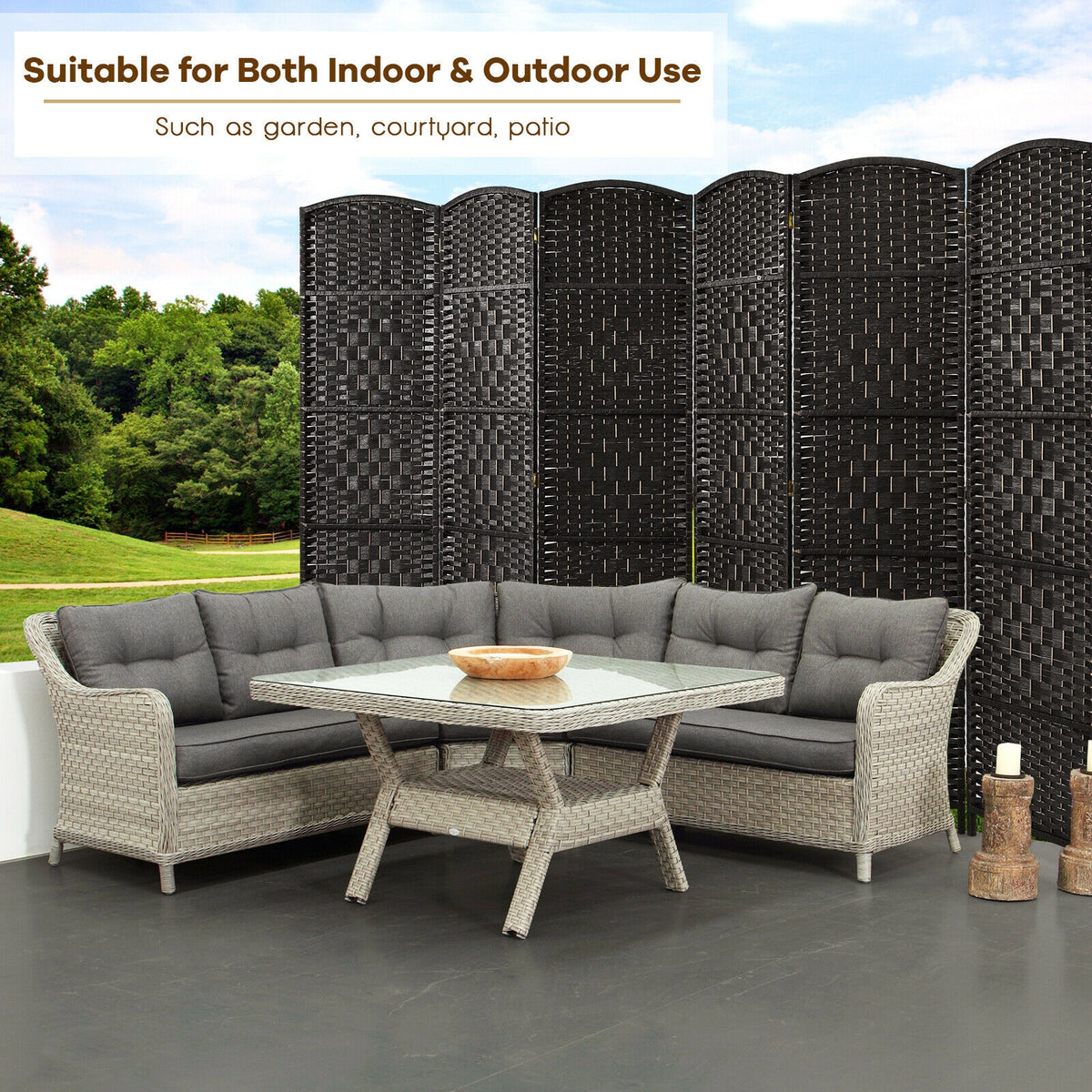 Foldable Fiber Room Divider Screen - 8-Panel Weave Fiber Privacy Divider - Black, 6 Feet