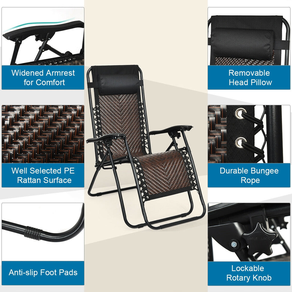 2 Pieces Folding Patio Rattan Zero Gravity Lounge Chair