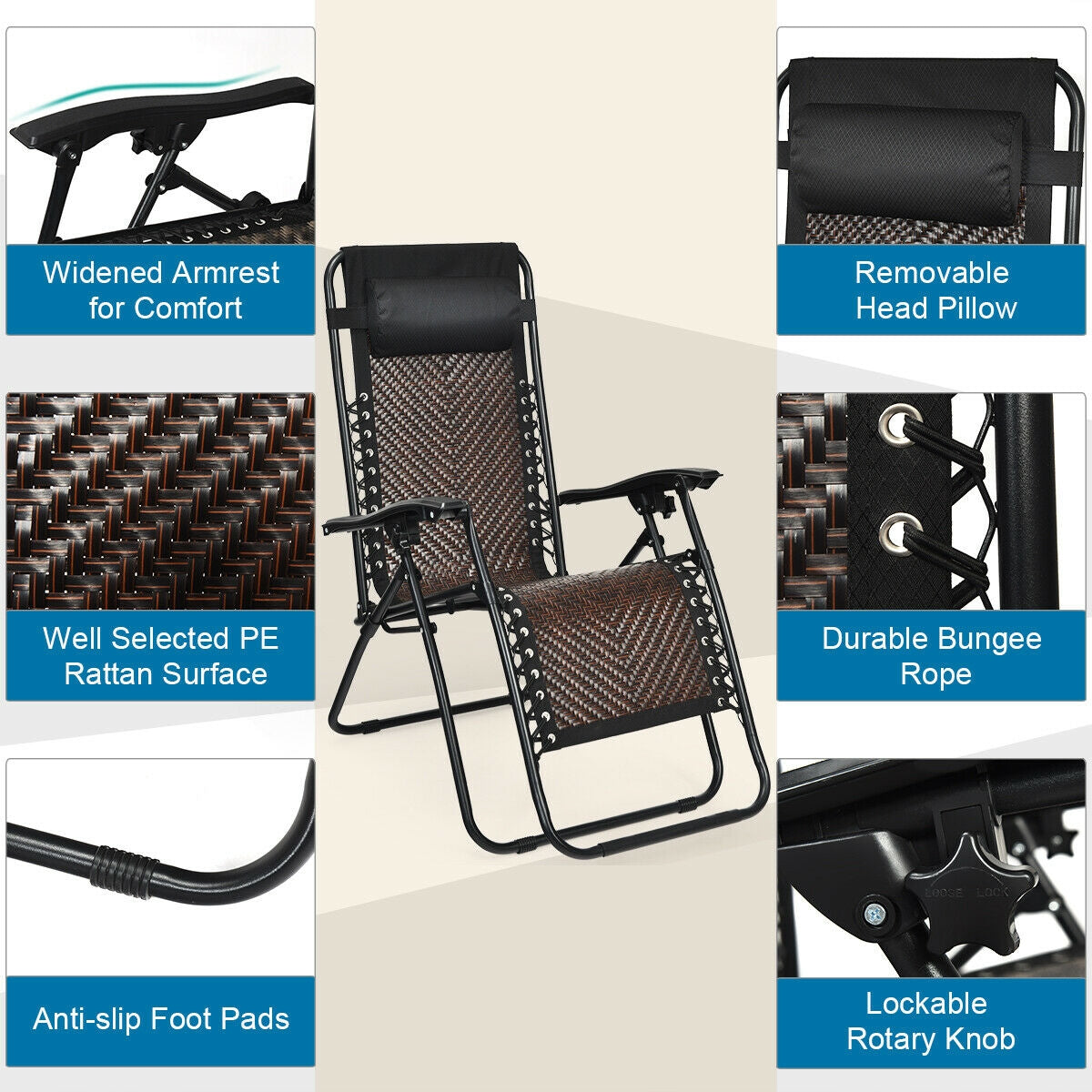 2 Pieces Folding Patio Rattan Zero Gravity Lounge Chair