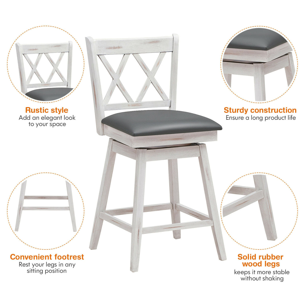 25 Inch Swivel Counter Height Bar Stools Set - Soft Cushion, White