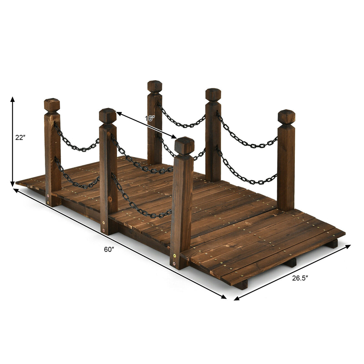 5 Feet Wooden Garden Bridge Arc Footbridge with Chain Railings - Fir Wood, 60 Inch L, Stained Finish