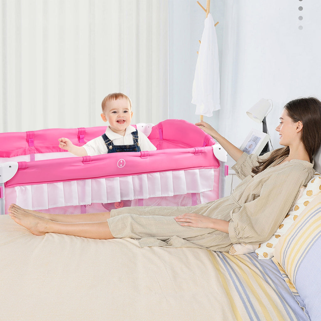 4-in-1 Portable Baby Playard with Carry Bag, Mosquito Net & Removable Bassinet - Pink