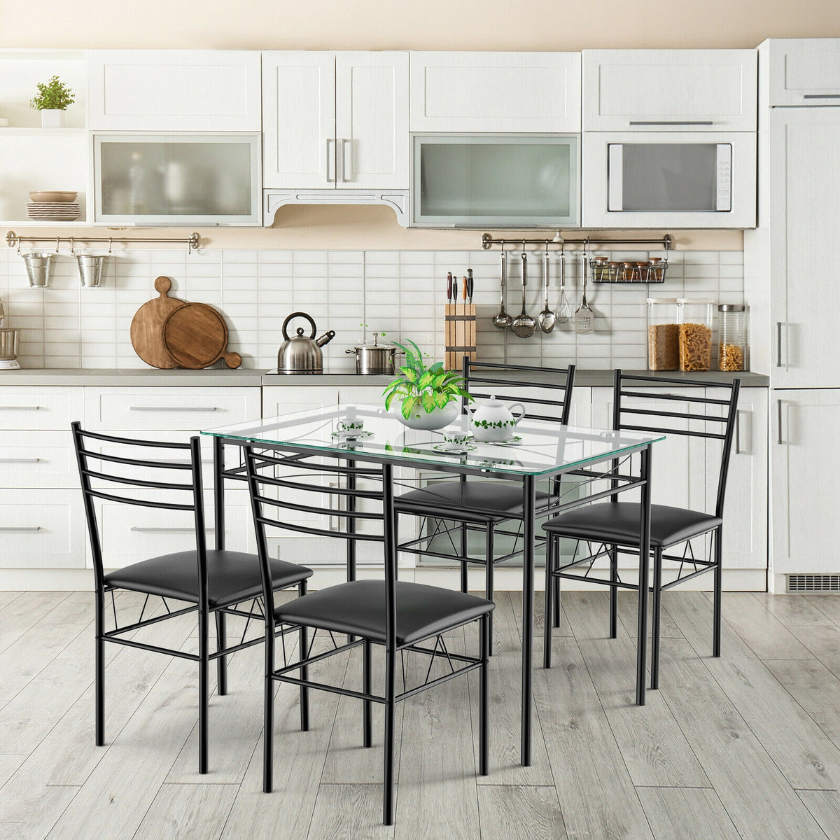 5-Piece Dining Set with Tempered Glass Top Table and 4 Upholstered Chairs