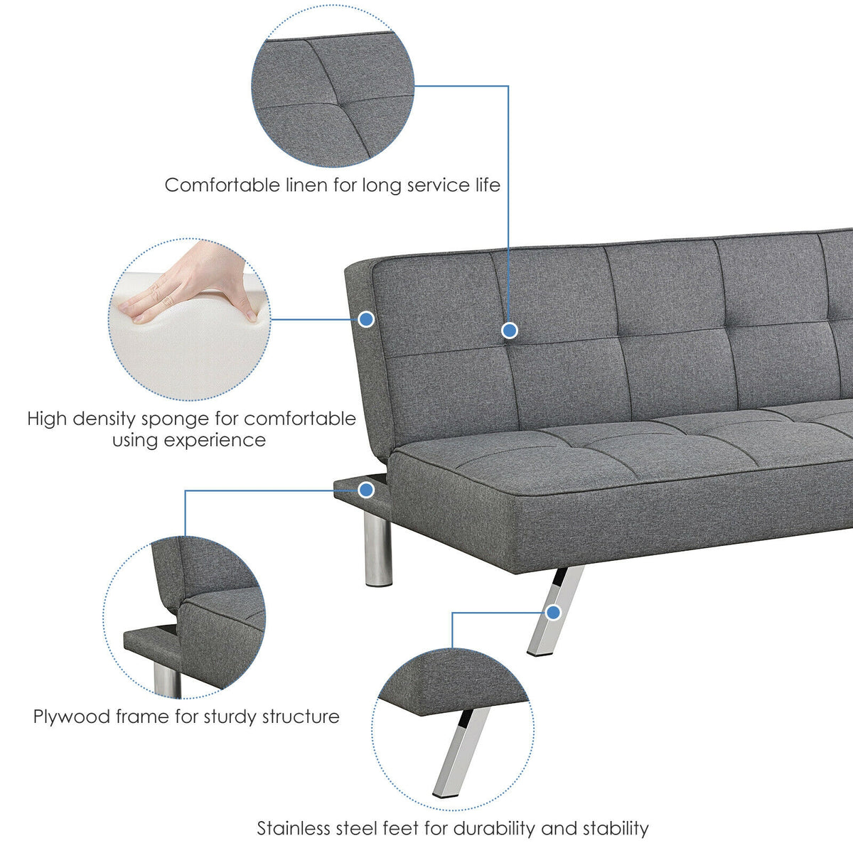 3-Seat Convertible Sofa Bed with Linen Fabric