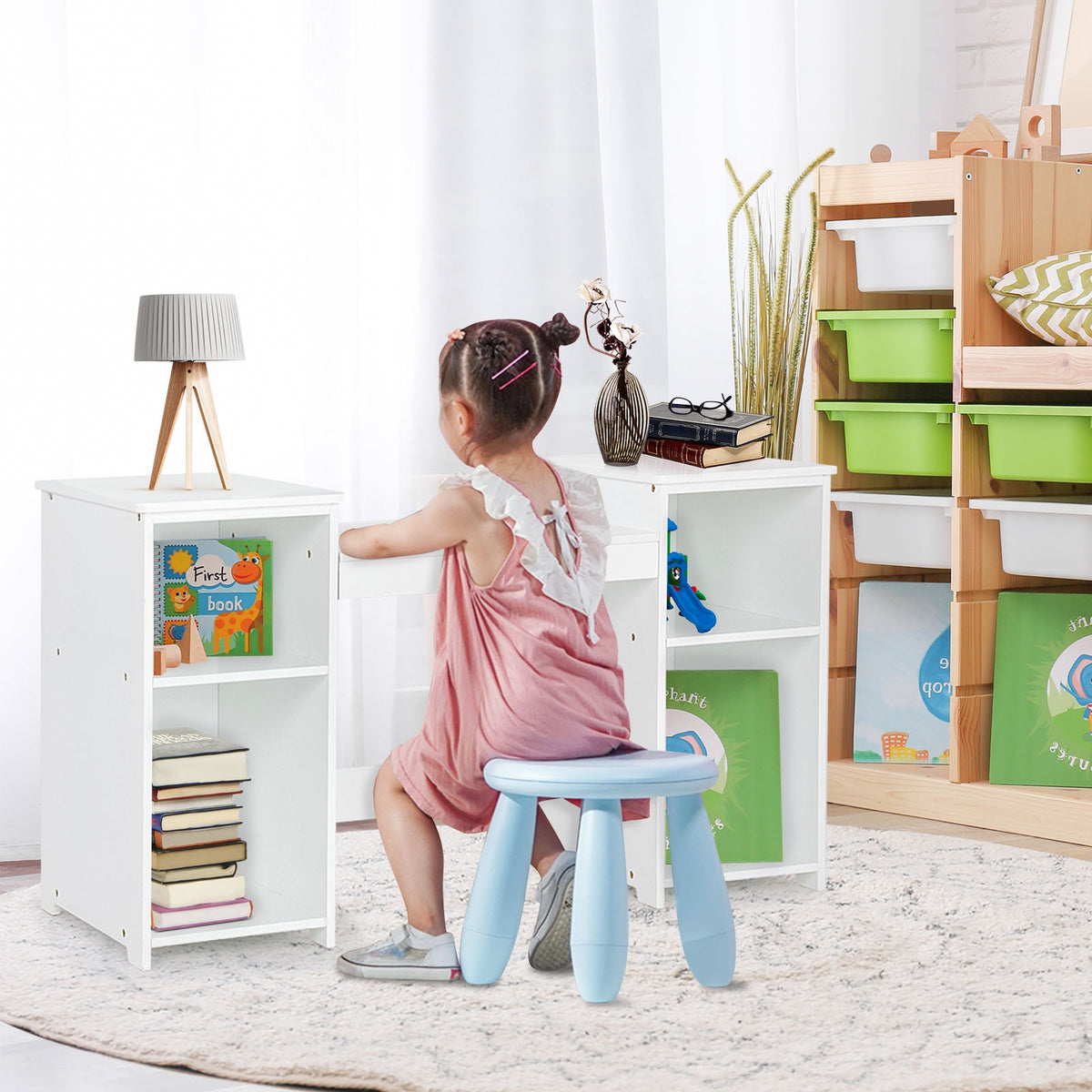 Kids Vanity Dressing Table with Tri-Fold Mirror & Storage - White, Detachable Design
