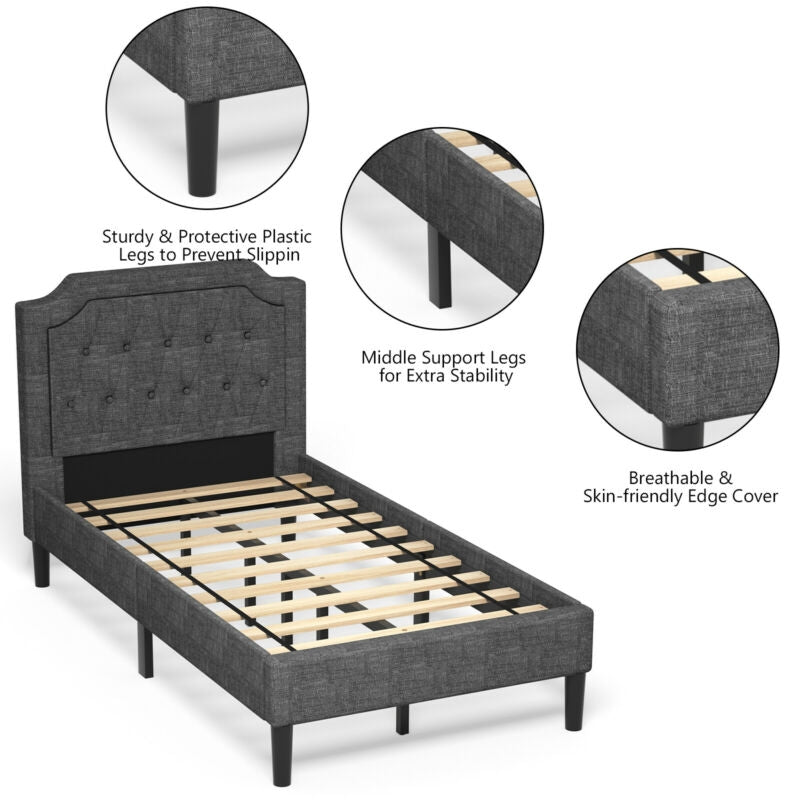 Twin Upholstered Platform Bed with Button-Tufted Headboard