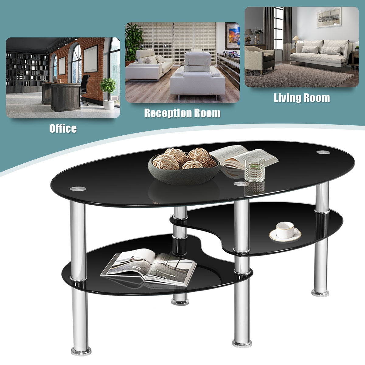 Tempered Glass Oval Coffee Table with Storage – Black