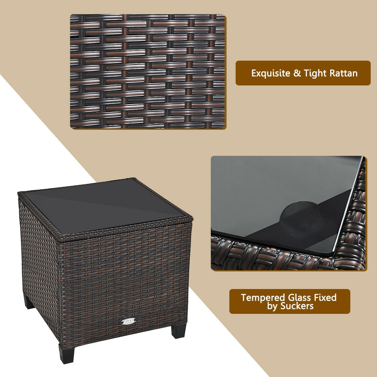 3-Piece Rattan Patio Furniture Set with Cushions - Brown & White