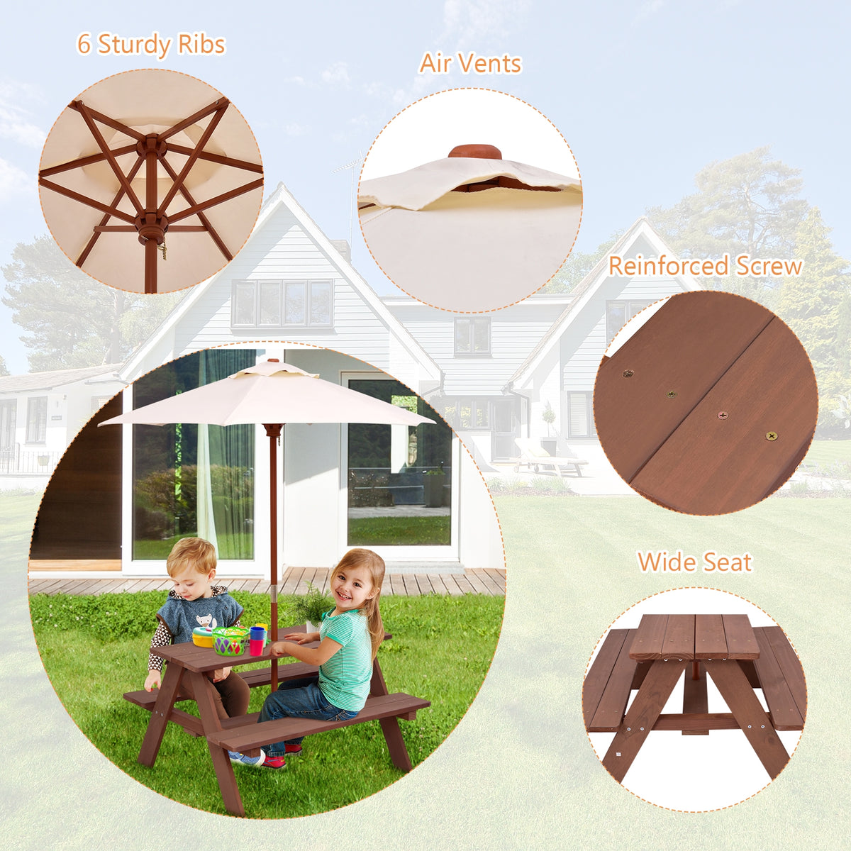 Kids Picnic Table Set with Removable Umbrella - Brown, 4 Seats