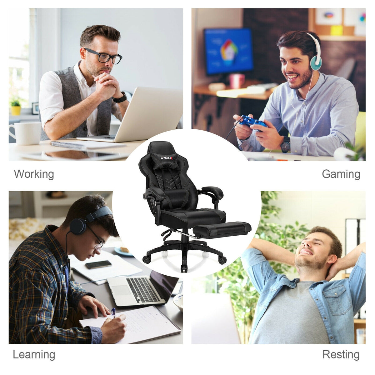 Adjustable Gaming Chair with Footrest, Black