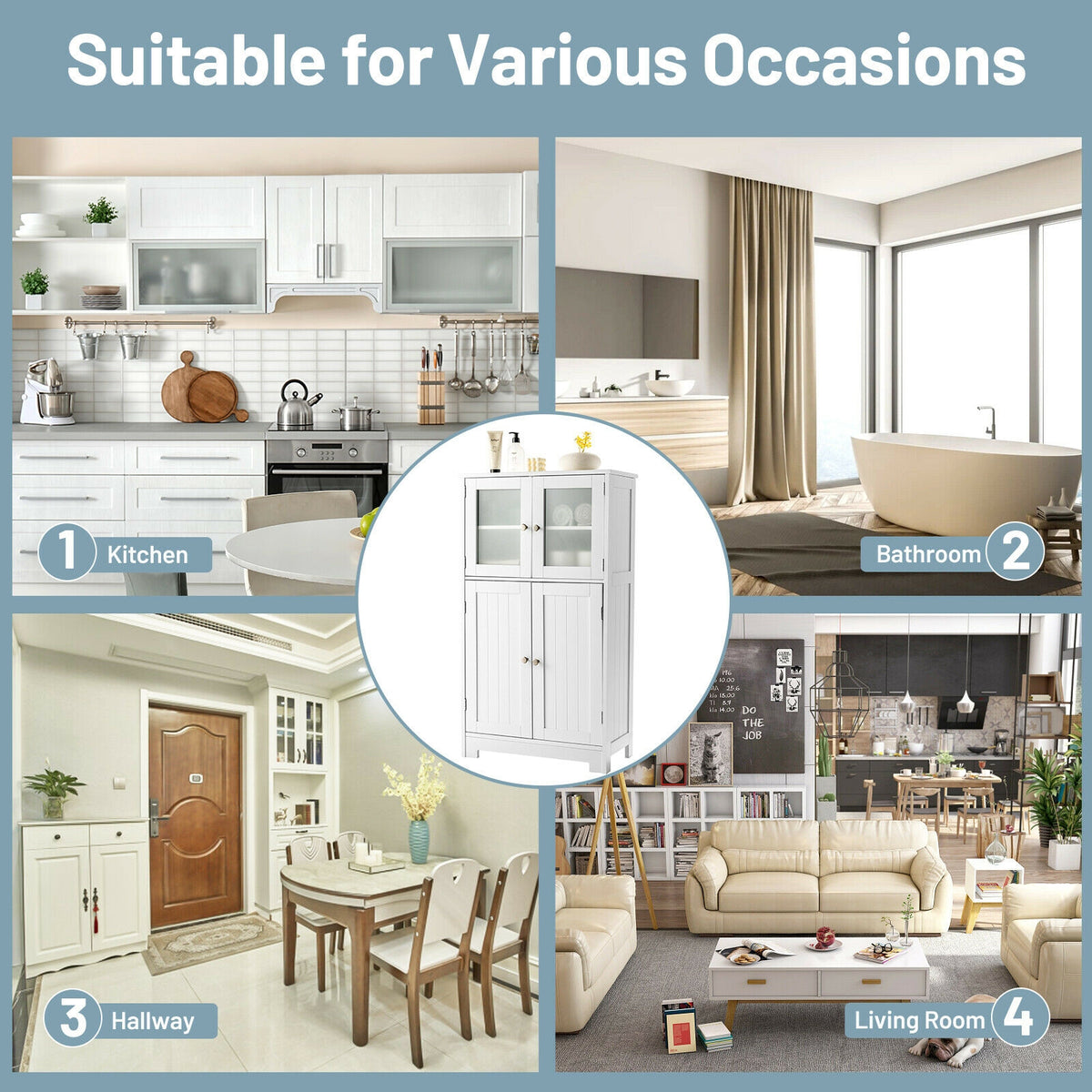 Bathroom Floor Storage Cabinet with Glass Doors and Adjustable Shelf