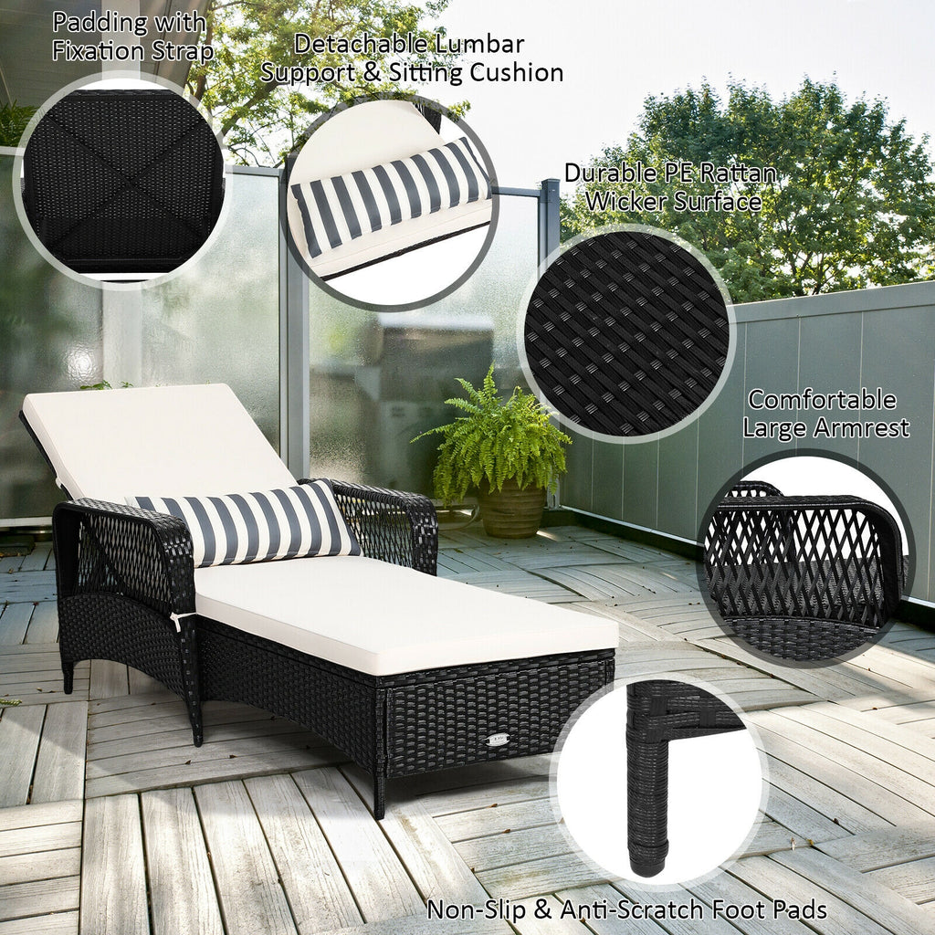 Patio Wicker Chaise Lounge Chair with Pillow and Adjustable Backrest