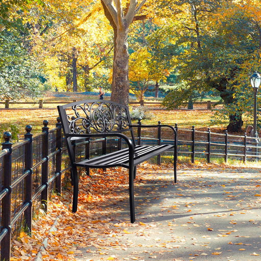 50-Inch Patio Park Bench, Steel Frame & Cast Iron Backrest - Style 2