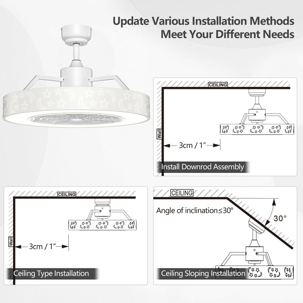 White 23-Inch Ceiling Fan with LED Light and Remote Control