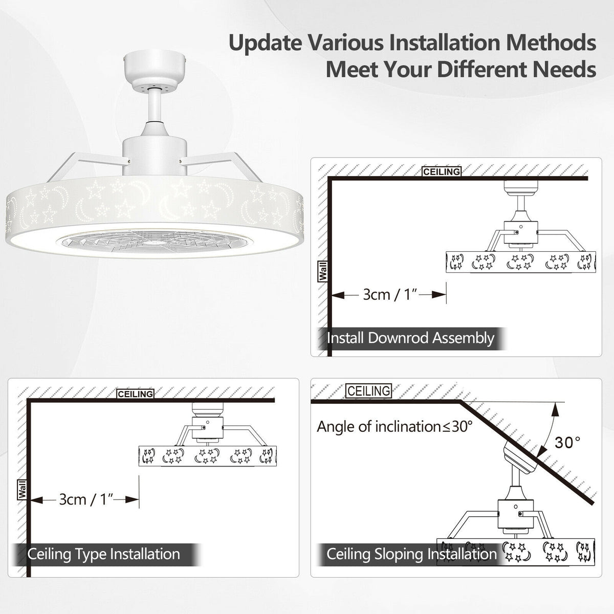 White 23-Inch Ceiling Fan with LED Light and Remote Control
