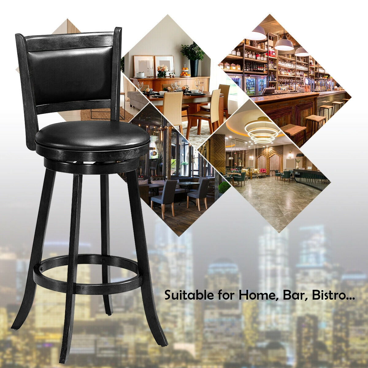 29 Inch Wooden Swivel Bar Stool with PVC Cushioned Seat - Black