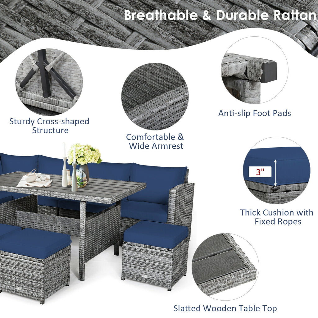 7-Piece Outdoor Wicker Sectional Sofa Set with Dining Table - Navy