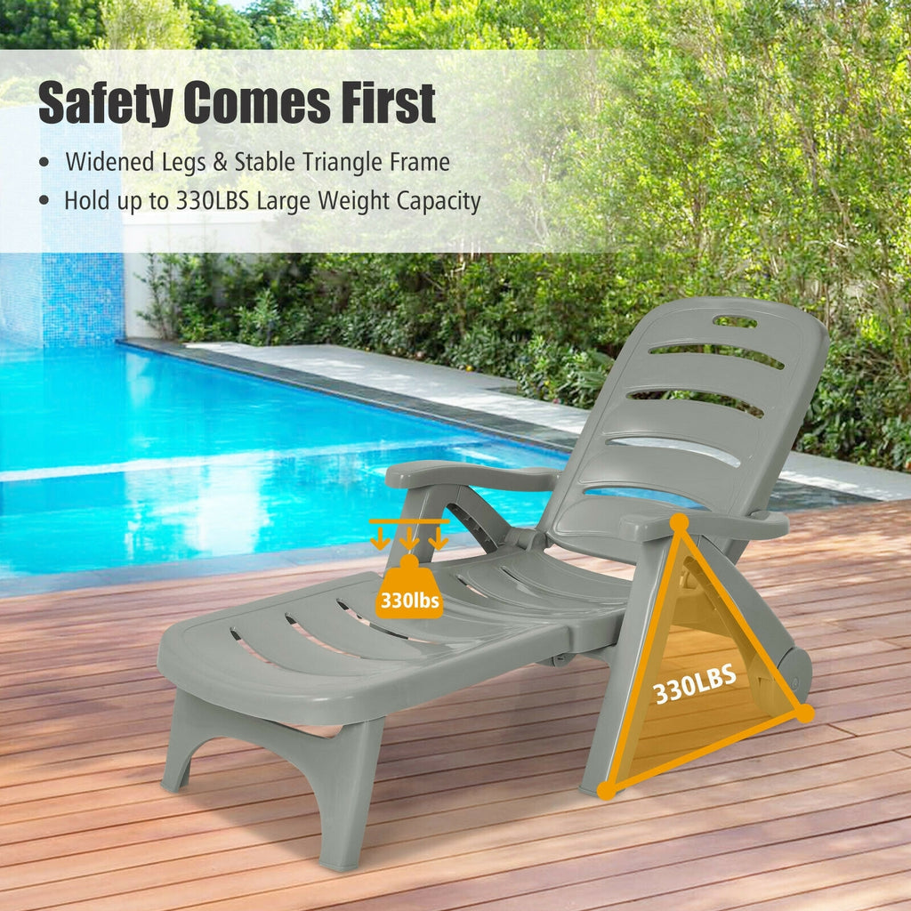 5-Position Adjustable Folding Chaise Lounge Chair with Wheels - Gray