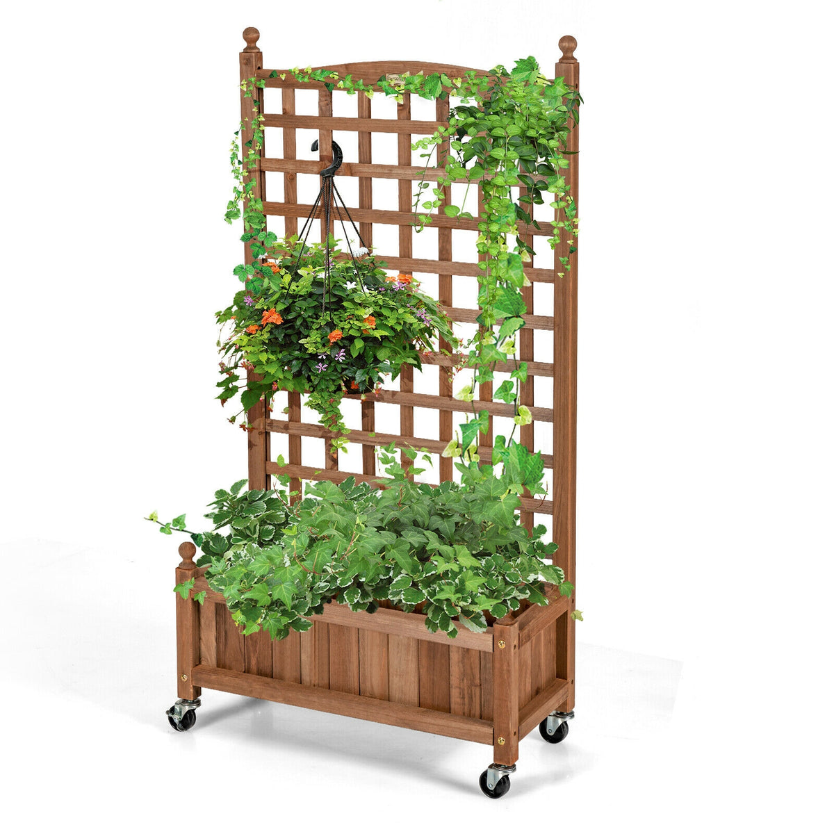 50 Inch Wood Planter Box with Trellis Mobile Raised Bed for Climbing