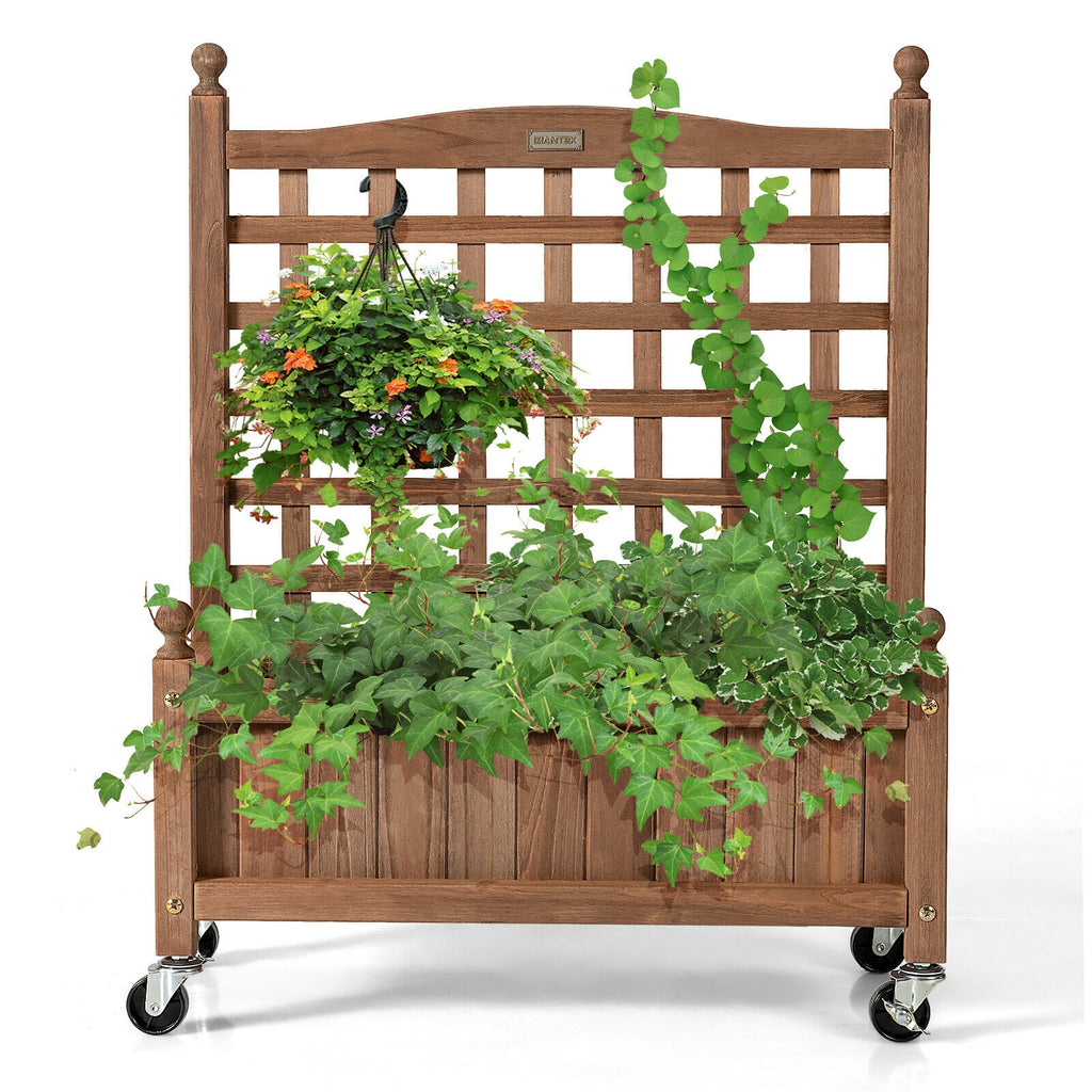 32in Wood Planter Box with Trellis Mobile Raised Bed for Climbing
