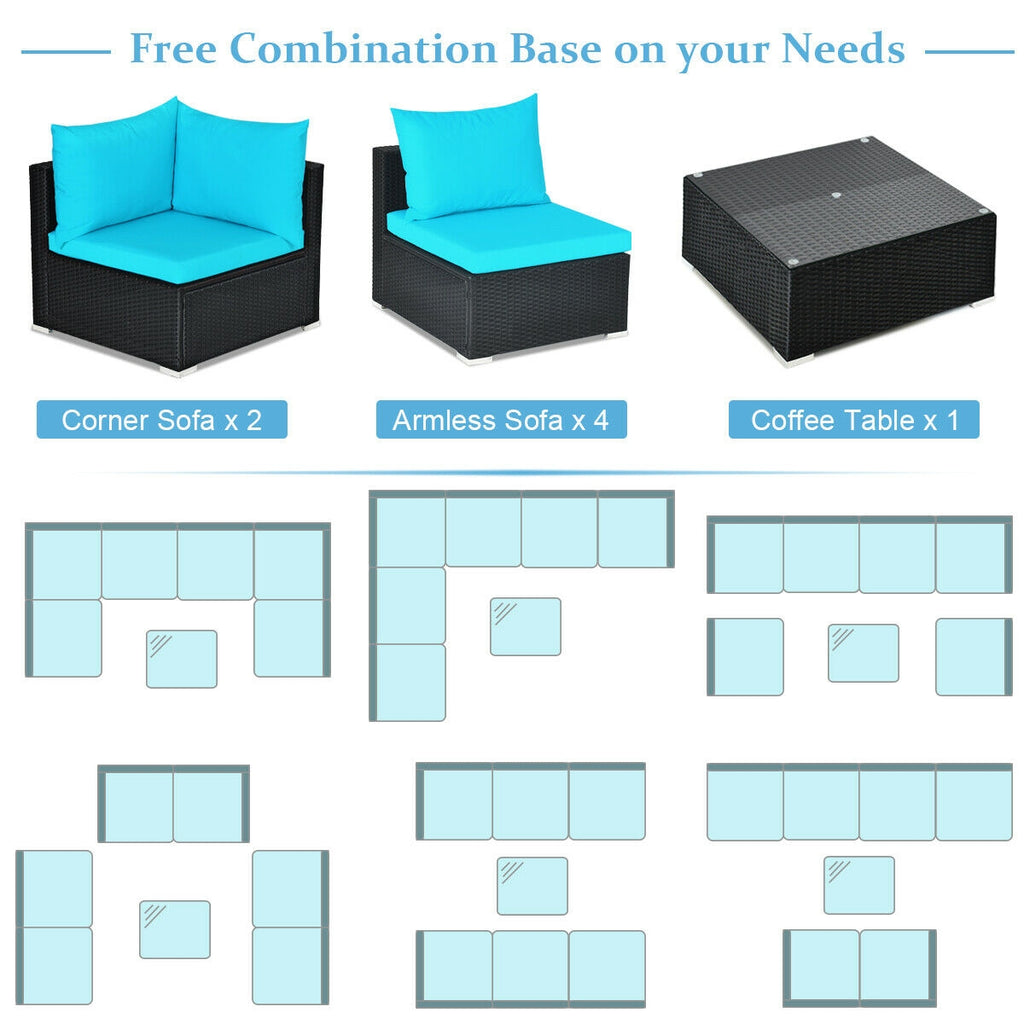 7 Pieces Sectional Wicker Sofa Set with Coffee Table - Black Rattan, Blue