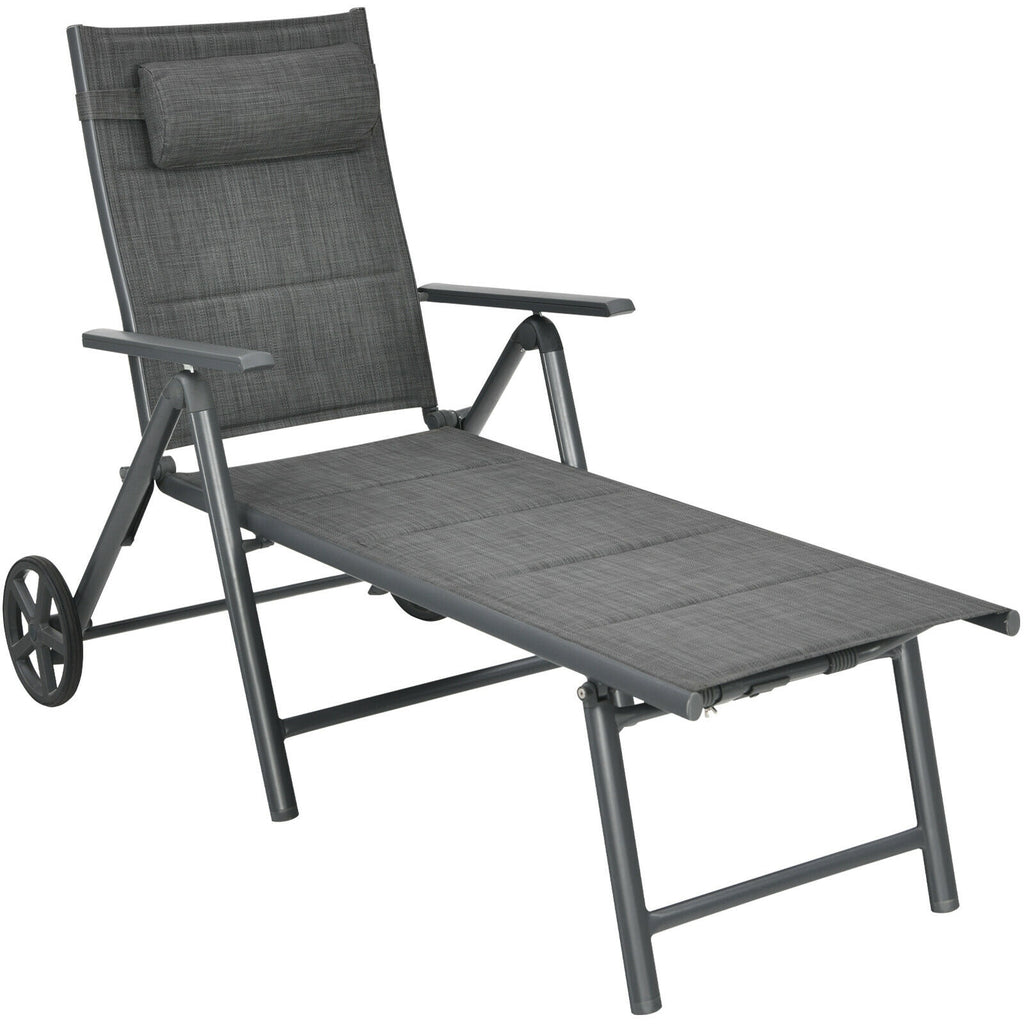 Patio Reclining Chaise Lounge with Adjustable Pillow - Gray