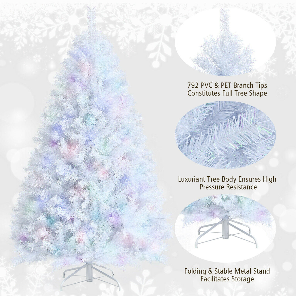 White 6 ft Artificial Christmas Tree with Iridescent Tips & Metal Stand - Foldable & Durable