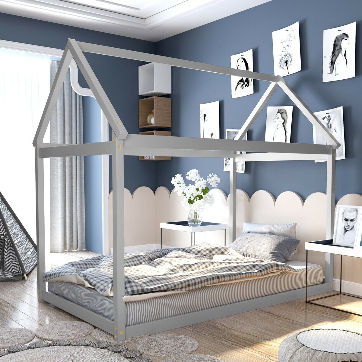 Twin Size Kids House Bed Frame, Wood, Gray
