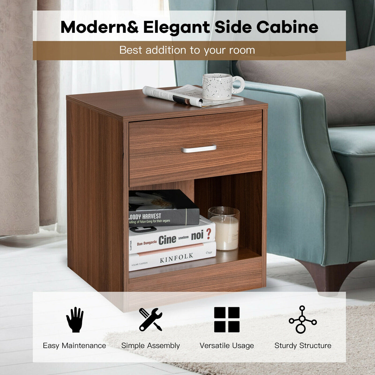 Modern Wooden Nightstand with Drawer - Brown